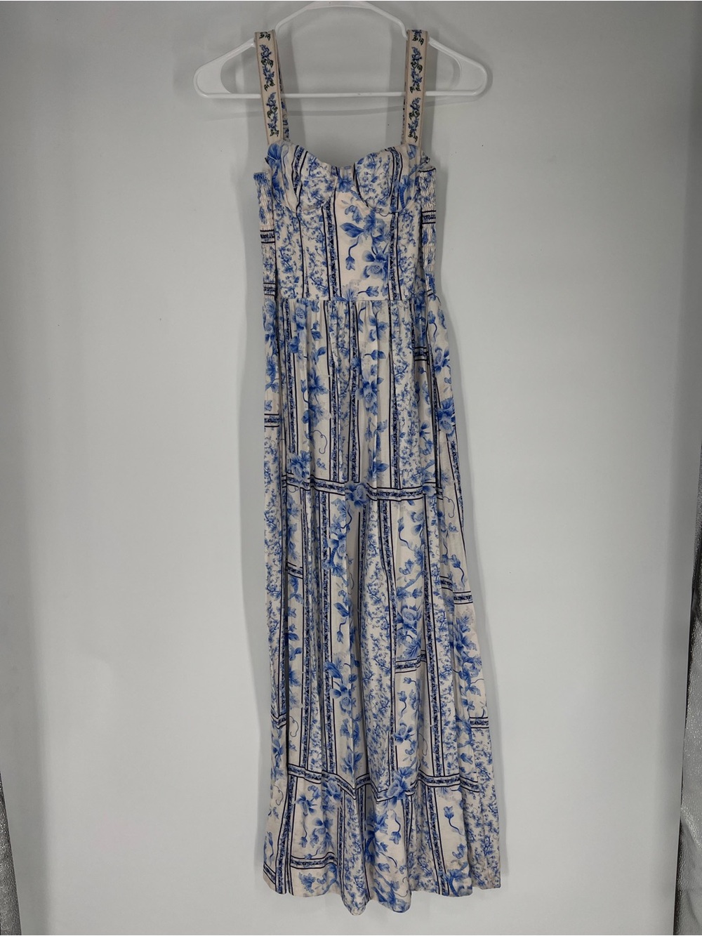 Agua Bendita Marcia Ivy Blue White Floral Sweetheart Embroidered Maxi Dress S